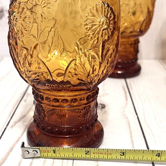 Anthropologie Rare & Retired HELIANTHUS Amber Water Daisy Pedestal Goblets Set 4 - Picture 9 of 10